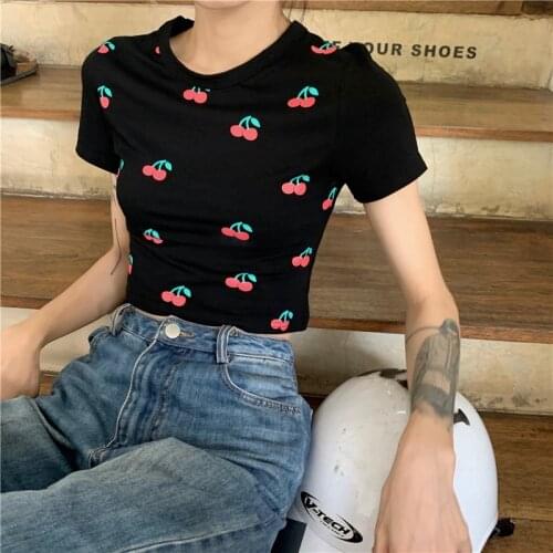Summer Women Cropped Tops Cherry Print Slim Short Sleeve T-Shirt Cotton Shirt