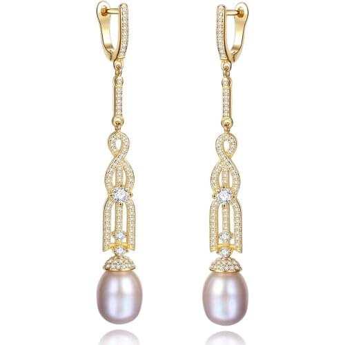 MetJakt S925 Sterling Silver Vintage Fashion Electroplated 18K Gold 7-8mm Freshwater Pearl Womens Ear Pendant