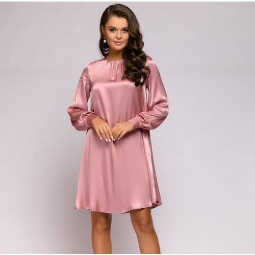 Women Fashion Pink Satin Mini Dress Casual O-neck Lantern Sleeve Smooth Loose Straight Dress Elegant Solid Party Dress Autumn