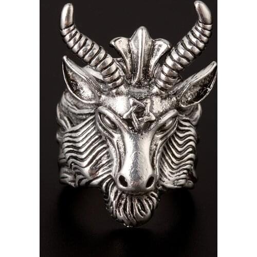 Goat Horn Head Antelope Sheep Head Ring Satan Worship Baphomet Aries Zodiac Wicca Star Punk Rock Animal Rings Men Boho Jewelry