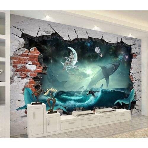 Bacal Sea World Whale Shark Starry Moon 3d Brick Wallpaper Mural 3d Wall Mural for Bedroom Sofa Background 3d Wall paper Murals