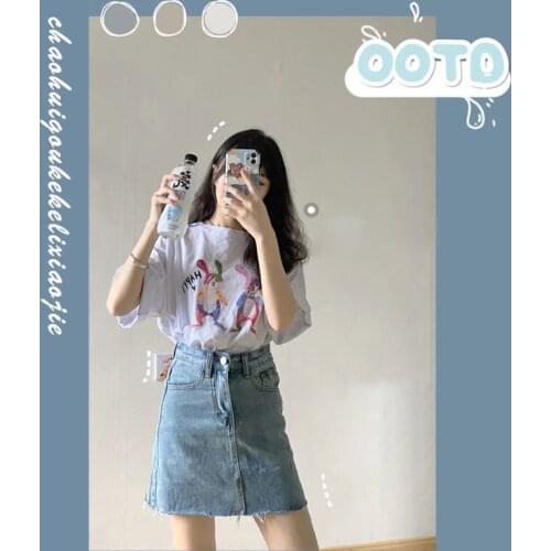 2021 Summer New Girl Retro Cartoon T-shirt + High Waist Denim Skirt Suit Two Pieces for Women