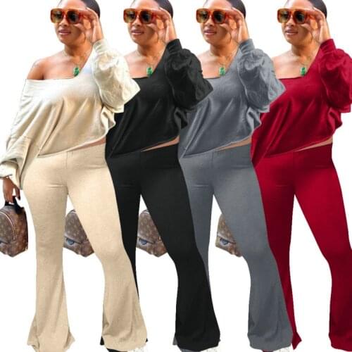 Solid Color V-Neck Lantern Sleeves Shirt Flare Pants Women Suit 2020 Autumn New Simple Style Two-Piece Set