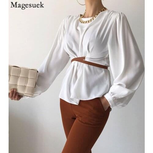 Autumn Round Neck Cross Belt Womens Shirt Elegant Fashion Slim White Blouse Women Korean Long Sleeve Tops Blusas De Mujer 16120