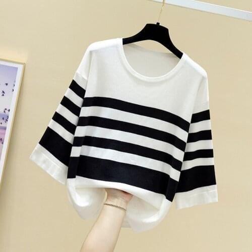 Early spring 2021 new ice silk T-shirt womens top short loose stripe 7 / 6 sleeve knitted base coat fashion