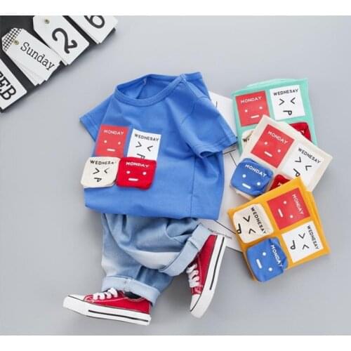 Hedging Round Neck Tops Denim Shorts Baby Boy Casual Suit Kids Vitality Summer Children Infant Clothing Newborn Active Outfit