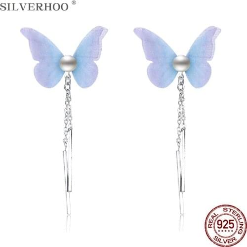 SILVERHOO Sterling Silver 925 Jewelry Long Tassel Drop Earrings For Women Trendy Colorful Butterfly With Shell Pearl Earring