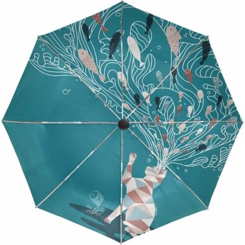 Cat Painting Folding Sunny and Rainy Umbrella Fully-automatic Outer Black Coating UV Protection Cats Mind Eating Fish Umbrellas