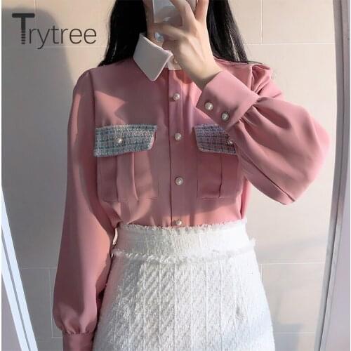 Trytree 2020 Spring Autumn Blouse Women Casual Puff Sleeve Pearl Buttons Patchwork Plaid Pockets Office Lady Silky Shirts Tops