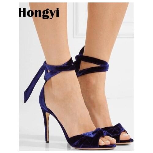 Hongyi Lace up Luxury Velvet Gladiator Women Sandals 10cm Bowtie Summer Women High Heel Shoes Fashion Sexy Women Pumps Plus Size