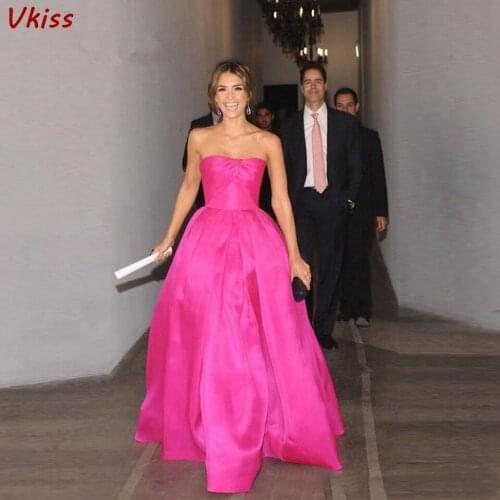 Pink Celebrity Prom Dresses 2020 Women Formal Party Night Vestidos Satin Robe Elegant A-Line Strapless Evening Gown Long Jurkjes