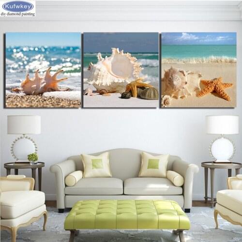 3 pcs DIY 5D Diamond Mosaic Seascape Shell On Beach Diamond Painting Cross Stitch Kits Handmade Diamond Embroidery Rhinestones