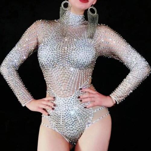 Sparkly singer bodysuit crystal Stage gogo nightclub singer pole dance cheerleading party costume