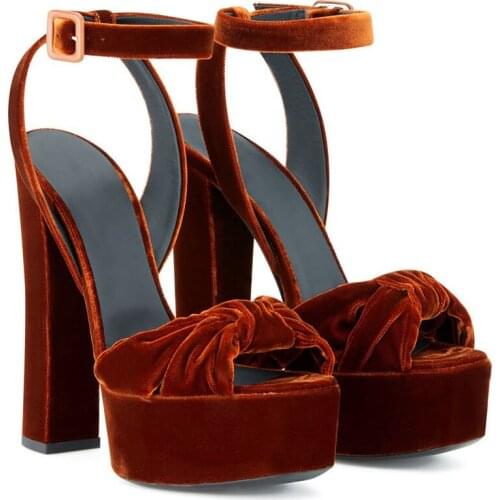 Fashion Woman Wine Red Velvet Bow Chunky Heels Sandals Ankle Strap Peep Toe High Platform Sandals Gladiator Party Shoes