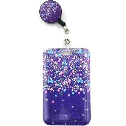 Purple Flowers Cute Credit Card Cover Lanyard Bag Retractable Badge Reel Student Nurse Exhibition Enfermera Card ID Holder Chest