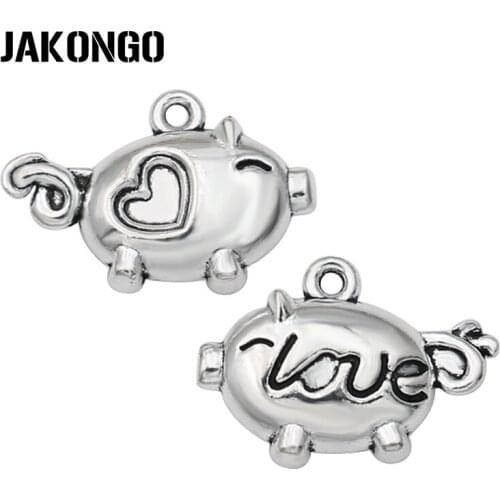 JAKONGO Antique Silver Plated Love Heart Pig Charms Pendants for Jewelry Making Bracelet DIY Accessories 19x14mm 8pcs/lot