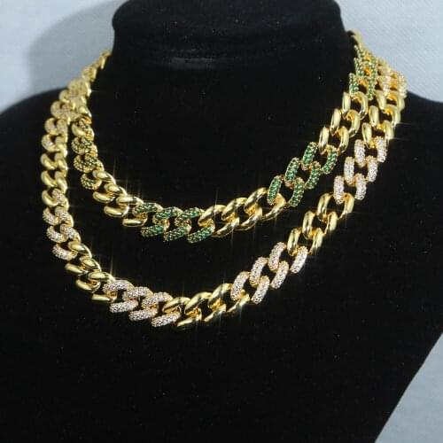 Classic wide cuban chain with green white cz paved heavy choker necklace with gold plated for women lady hip hop punk jewelry