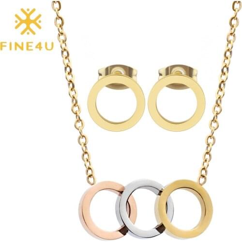 FINE4U N212 Tiny Round Circle Choker Necklaces Earrings Sets Stainless Steel Bridal Wedding Jewelry Sets For Women Girl Gifts