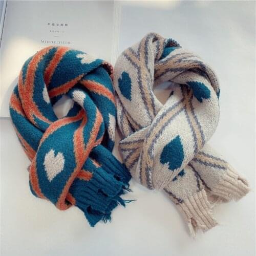Korean Winter Warm Fragmentary Tassel Knitted Warm Scarf. Long Cotton Towel for Boys and Girls. Diamond Love Wool Scarf