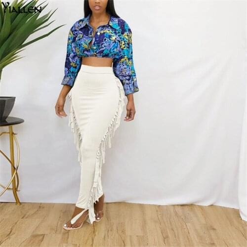 YiAllen Summer Fashion Side Tassel High Waist Long Skirts Women Skinny Stretch Bottoms Clothing Trend Wild Bottoms Streetwear