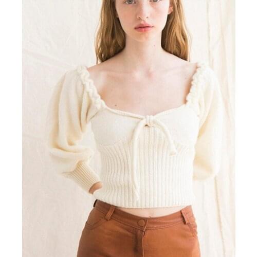 MONMOIRA Autumn Cashmere Women Crop Top Sweaters Skinny Stretchy Milkmaid Knitwear Female French Puff Sleeve Pullovers cws0588-5