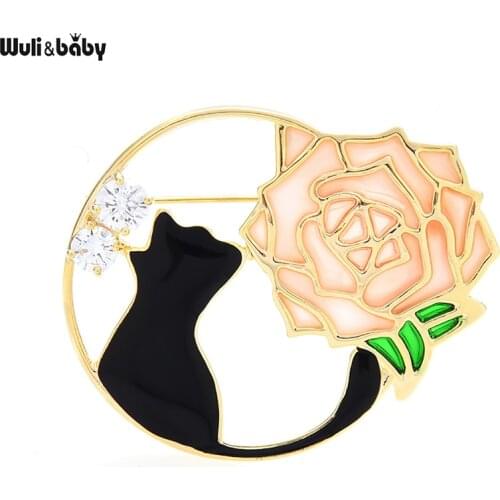 Wuli&baby High Quality Flower And Cat Brooches For Women Men 3-color Enamel Pets Animal Party Office Brooch Pin Gifts