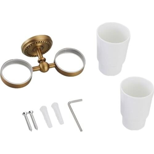 Wall Cup Holder with Doubel Ceramic Cups Set Bathroom Toilet WC Accessories