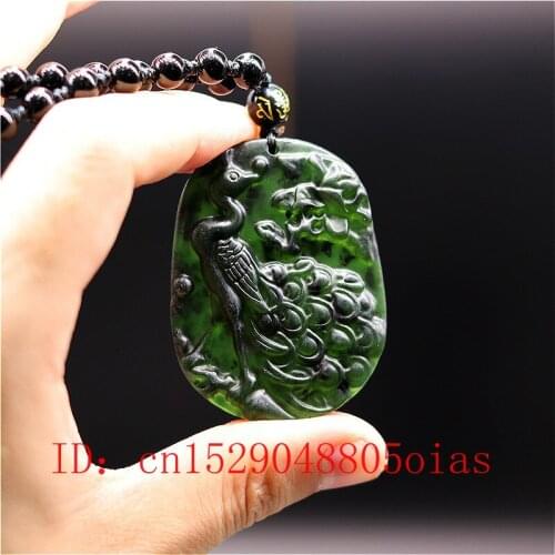 Natural Black Green Chinese Jade Peacock Pendant Beads Necklace Charm Jewelry Obsidian Accessories Carved Amulet Gifts for Her