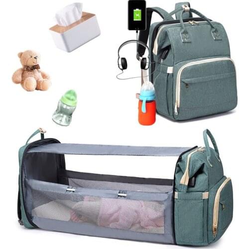 Upgraded Version Diaper Bag USB Foldable Sunscreen Baby Bed Crib Bags Insulation Nursing Stroller Bags Maternity Travel Backpack