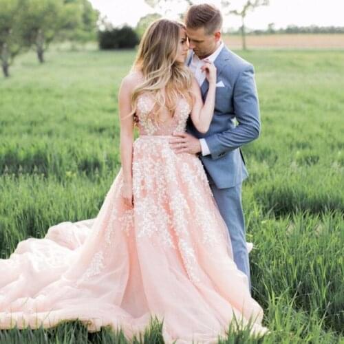 Charming V-Neck Pearls Open Back A Line Evening Gown Elegant Vestido De Festa Glamorous Wedding Party Dress