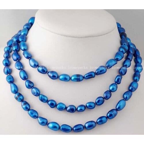 Wholesale nice 8-10*6-7mm deep blue freshwater pearl baroque necklace 48"