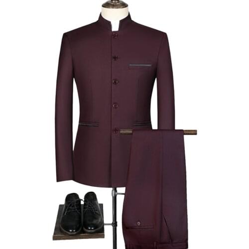 Jacket+Pants)Latest Chinese-style Stand Collar 4Color Suit Groom Tuxedos Coat Trouser Designs Mens Wedding Suits Male Slim Fit