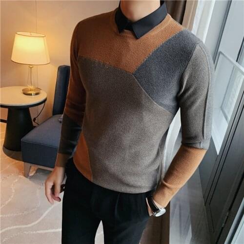 Plus Size 4XL-M Autumn Winter Fashion Patchwork Color Business Pullovers Sweaters Men Clothing Letter Embroidery Slim Pull Homme