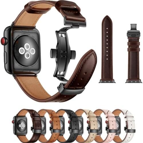Butterfly buckle strap for apple watch 5 6 band 44mm 40mm iwatch band 42mm 38mm series 3/2/1 bracelet Genuine Leather watchband
