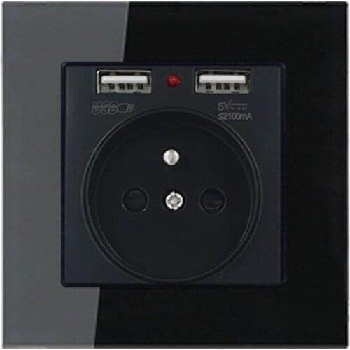 Crystal Glass Panel Dual Usb Charge Port 2.1a Wall Charger Adapter Led Indicator 16a French Power Socket Black Color