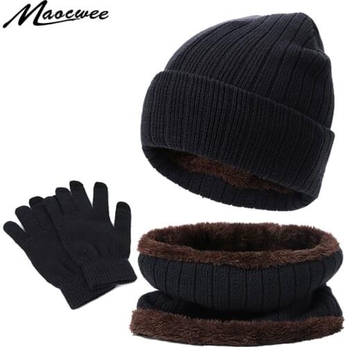 New Winter Warm Mens Hat Scarf Touch Screen Gloves Set Beanies Hats Knitted Thicken Men Women Cap Bib Gloves suit Unisex 3Pcs