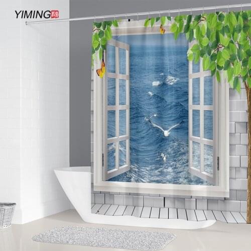 Bathroom Waterproof Shower Curtain Window Seaside Landscape Printing Shower Curtain Polyester Home Decor Curtain With Hook