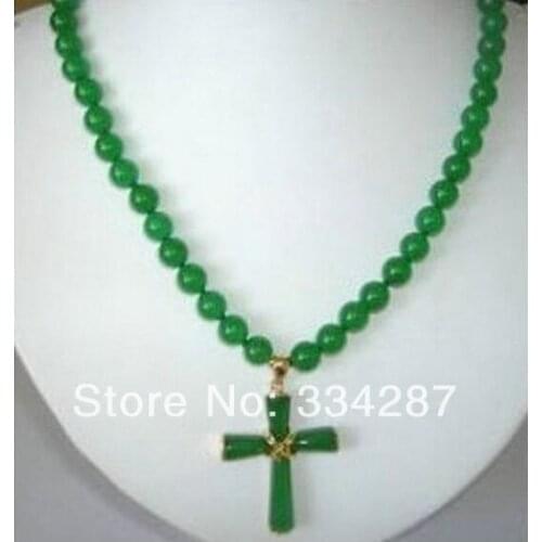 Jewelry Pearl Necklace 8mm Green Jades Cross Pendant Necklace 18" Free Shipping