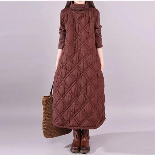Solid Color Diamond Check Cotton Large WomenS Turtleneck Collar Long Sleeve Thick Long Winter Coat Female Pullover Clothing
