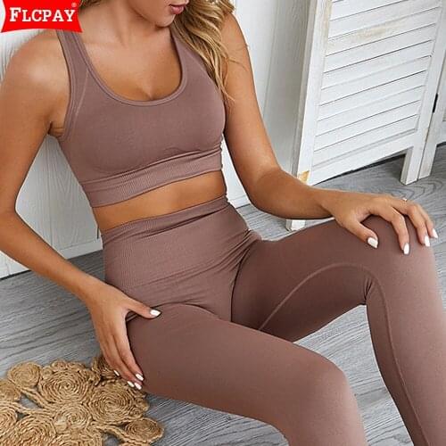 Womens Seamless 2Pcs Yoga Sets Beauty Back Sports Bra High Waist Stretch Leggings Pants Outfits Tracksuits Yoga Wear Clothings