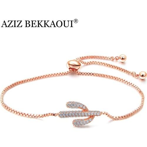 AZIZ BEKKAOUI Romantic Adjustable Cactus Crystal Bracelets for Women Rose Gold Link Chain Bracelet Jewelry Gift