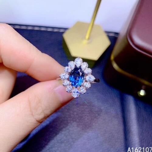 925 Pure Silver Chinese Style Natural London Blue Topaz Womens Luxury Elegant Flower Adjustable Gem Ring Fine Jewelry Support D