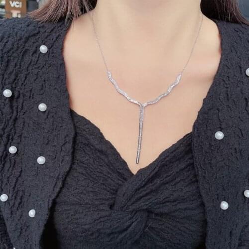 Luxury Unique Y-Shape Necklace 925 Silver Fashion Shiny Zircon Geometric Jewelry For Women Wedding Party Anniversary Gift