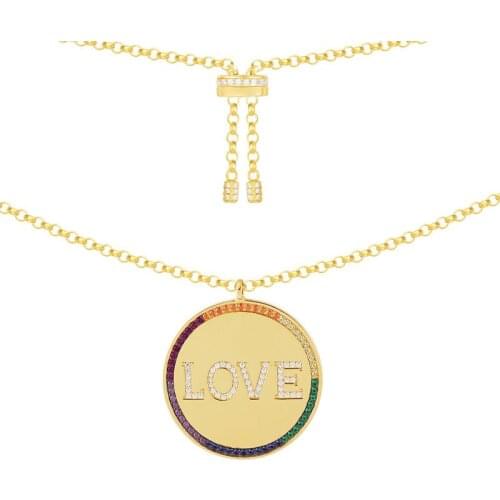 SLJELY Real S925 Sterling Silver Colorful Zirconia Rainbow Letter LOVE Round Pendant Adjustable Necklace Women Fashion Jewelry