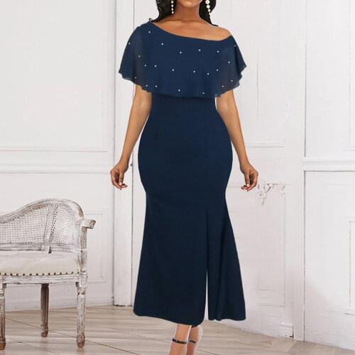 Beading Ruffles Off Shoulder Long Party Dress Women Elegant Blue Slash Neck Summer Robe Mermaid Sexy Split Casual Womens Dress
