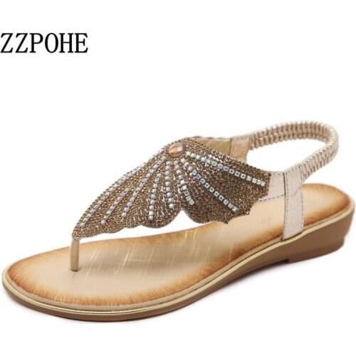 ZZPOHE Woman Summer Shoes Fashion Leather Women Sandals Bohemian Diamond Slippers Woman Flip Flops Casual Beach Flats Sandals