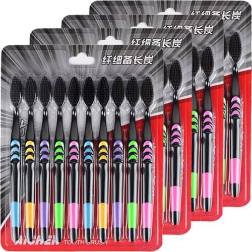 10Pcs Family Suit Soft Toothbrush Bamboo Charcoal Teeth Cleaning Brush With Non-Slip Grip Handle Breath Whitening Oral Care Tool
