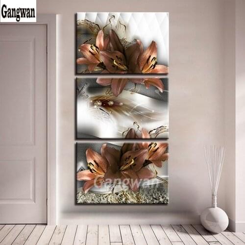 Hallway decoration 3 Pieces Lilies Flowers diamond Painting Modular mosaic rhinestone Pictures Living Room diamond embroidery