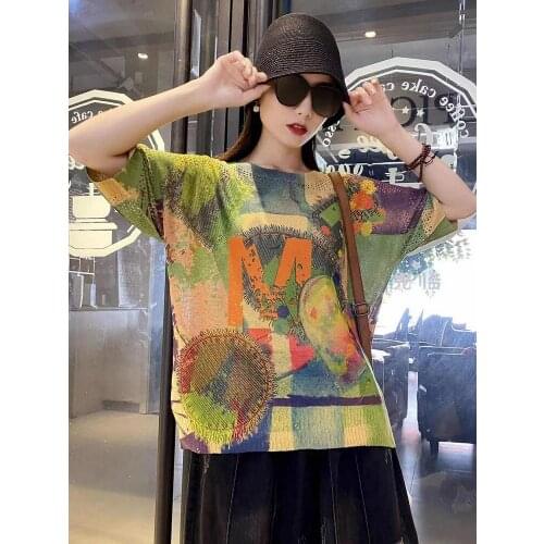 Hollow Out Graffiti Sunshine Colorful Tops Women Nice Short Sleeve Kawaii Sweater Green Sweater Womens Clothing Nice
