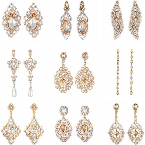 Minmin Shiny Gold Color Crystal Drop Earrings for Women Elegant Luxury Wedding Prom Jewelry Fashion Long Dangle Korean Earrings